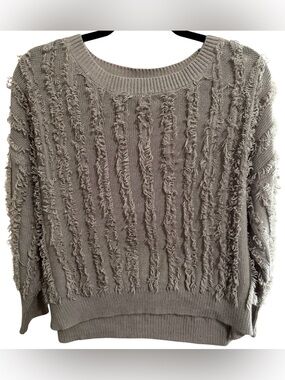 She + Sky Distressed Fringe Knit Sweater Women’s S Taupe Boho Textured Pullover